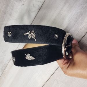 Berge Genuine Leather Black Faux Fur Rose Floral Metal Belt Made in Italy